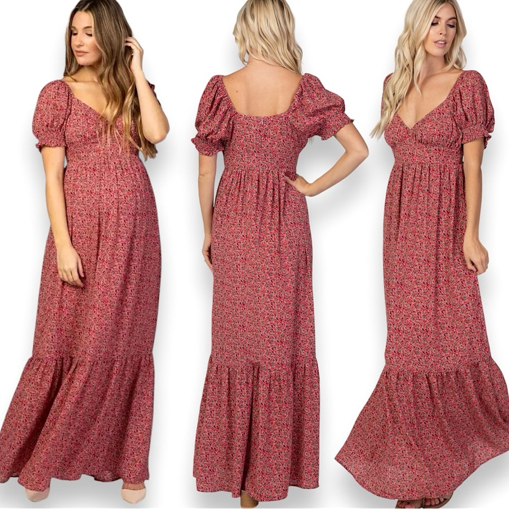 PinkBlush Pink Floral Puff Sleeve Maternity Maxi Dress